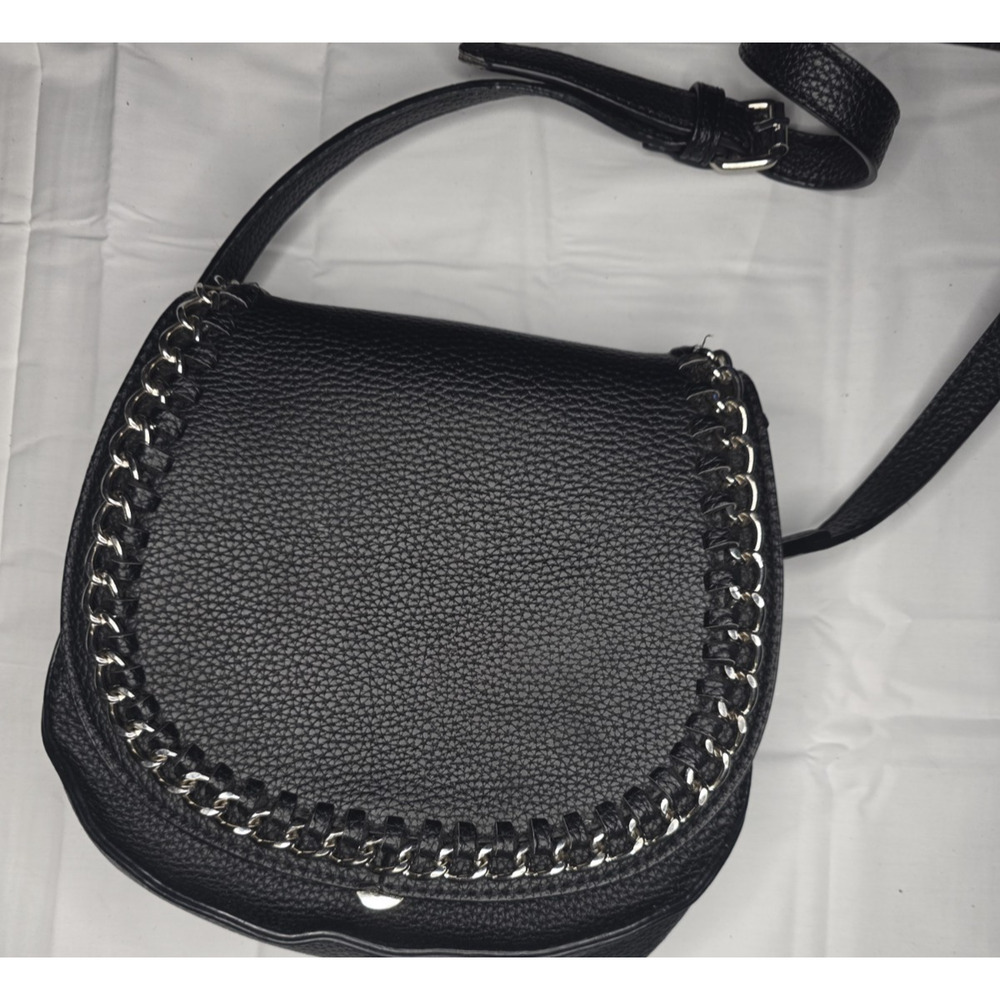 Black Rivet Chain-Trim Crossbody Bag — Black Pebbled Faux Leather Silver Hardwar